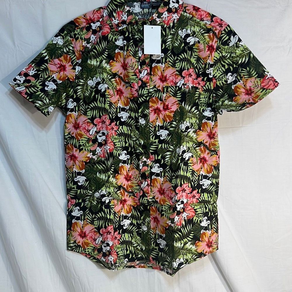 Disney Men's Mickey Mouse Floral Button Up Hawaiian Shirt-Small-NWT